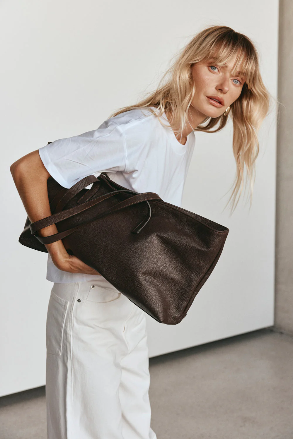 Mia Dark Chocolate Leather East West Slouchy Tote - Image 3