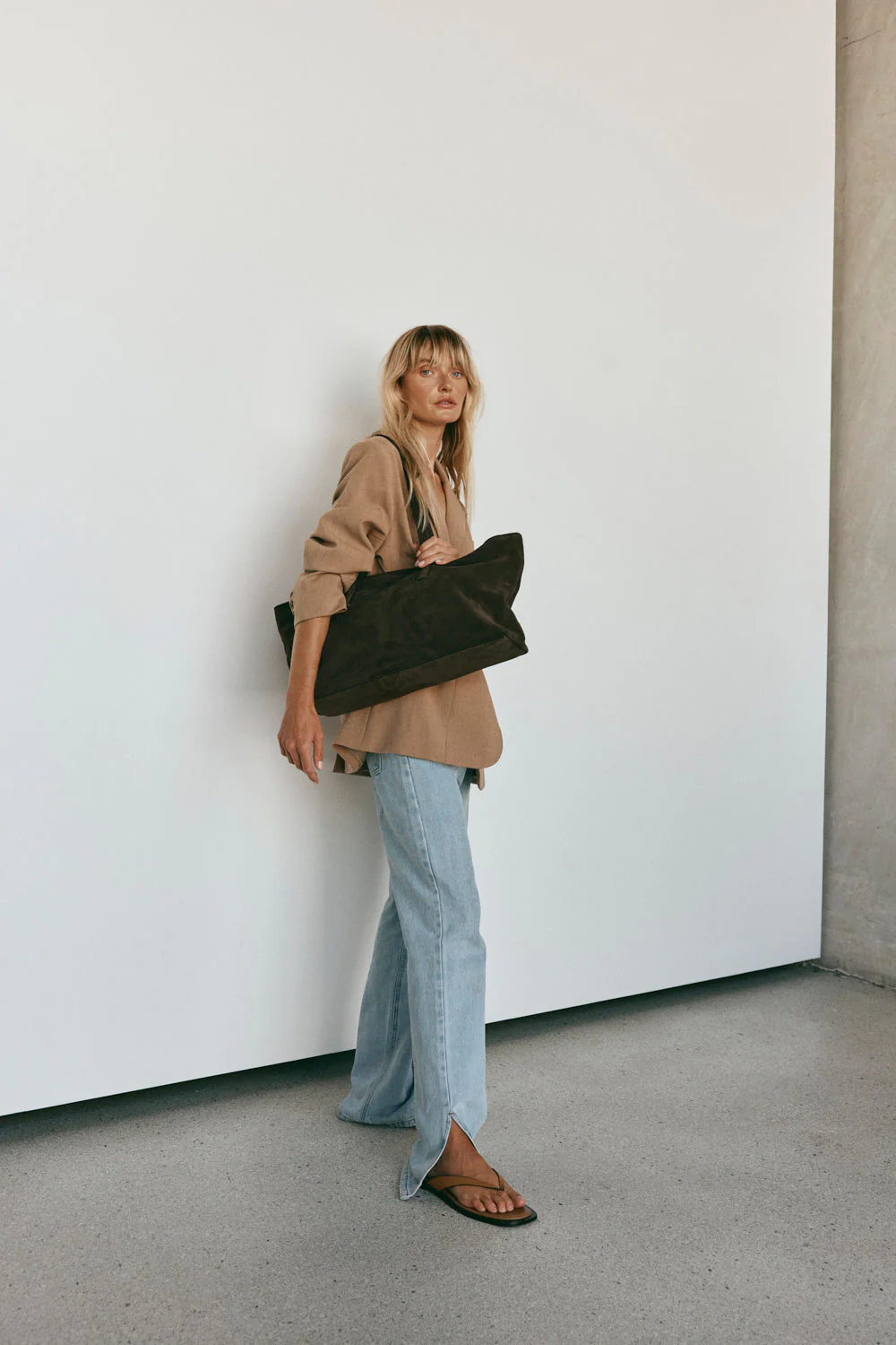 Mia Dark Chocolate Suede East West Slouchy Tote - Image 3