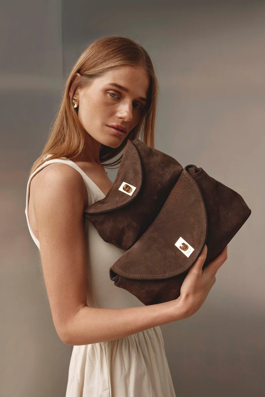 Sloane Dark Chocolate Suede Crossbody Clutch - Image 7